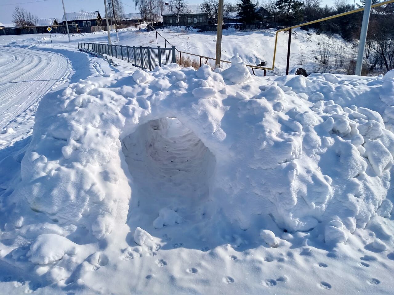 Дети в деревне соорудили снежный тоннель